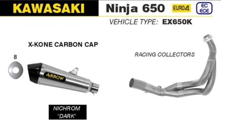 Arrow Exhaust X-Kone Nichrom Dark + Racing Collectors Kawasaki Ninja 650 2017-20-71854XKN-71659MI