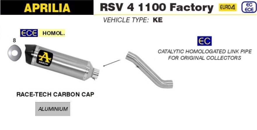Arrow Exhaust Race-Tech Aluminium+Cat Link Pipe Aprilia RSV4 1100 Factory 19-20-71906AK-7167KZ