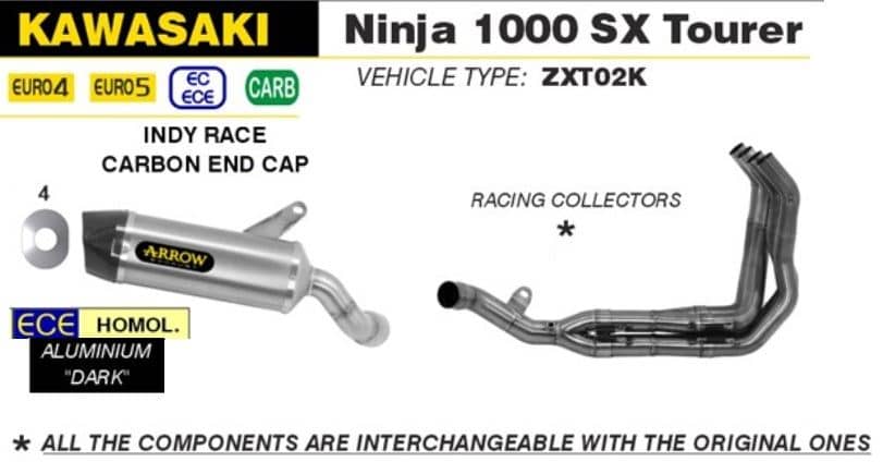 Arrow Exhaust Indy Race Alu Dark + Collector Kawasaki Ninja 1000 SX Tourer 21-23-71914AKN-71728MI-FL1