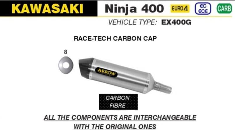 Arrow Exhaust Pro-Race Carbon Fibre + End Cap Slip On Kawasaki Ninja 400 2018-21-71874MK