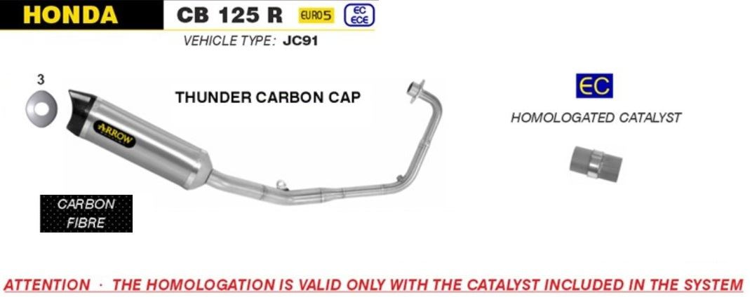 Arrow Exhaust Thunder Carbon Cap Carbon Fibre + Catalyst Honda CB 125 R 2021-22-51519MKW-11030KZ