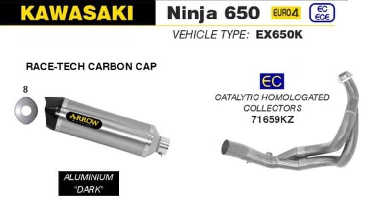 Arrow Exhaust Race-Tech Alu Dark + Rcat Collector Kawasaki Ninja 650 2017-2020-71854AKN-71659KZ