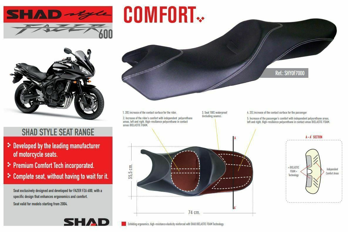 Yamaha FAZER 600 2004 to 2010 SHAD Comfort Seat (Grey Seams)-SHY0F7000